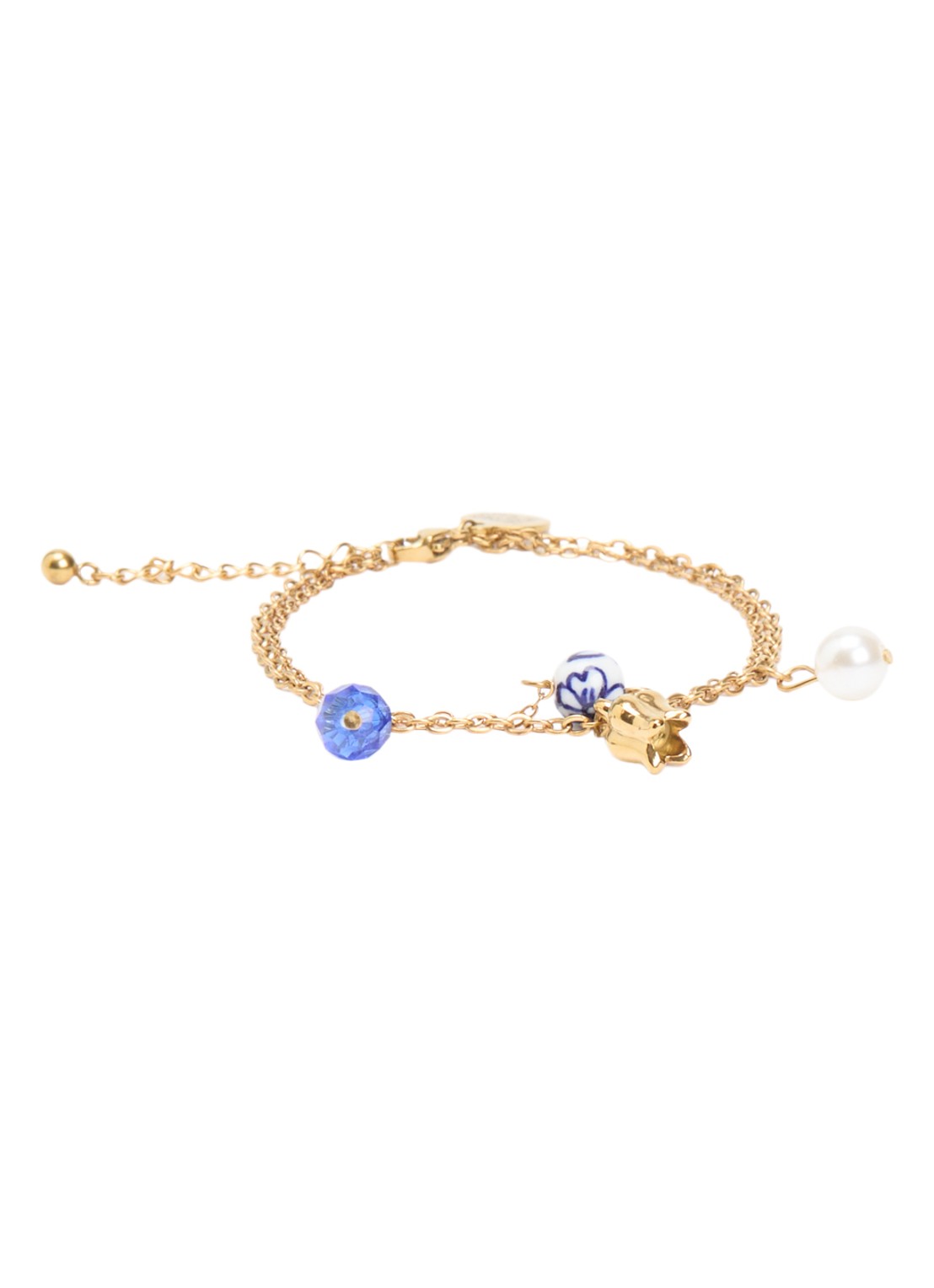 Heinen Delfts Blauw Armband met hanger - voorkant 2 goud