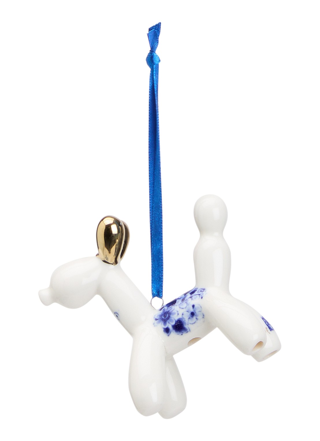 Heinen Delfts Blauw Ballondier Hond kersthanger 7 cm - voorkant gebroken wit