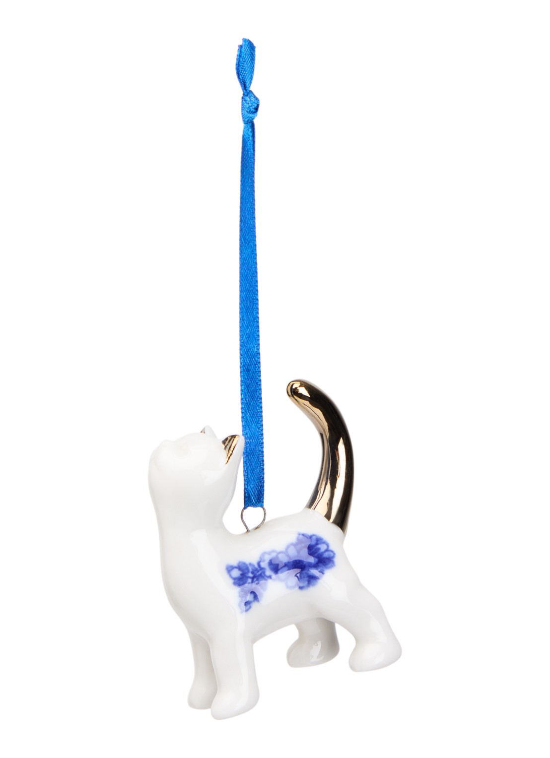 Heinen Delfts Blauw Bedelende Kat kersthanger 6,5 cm - voorkant gebroken wit