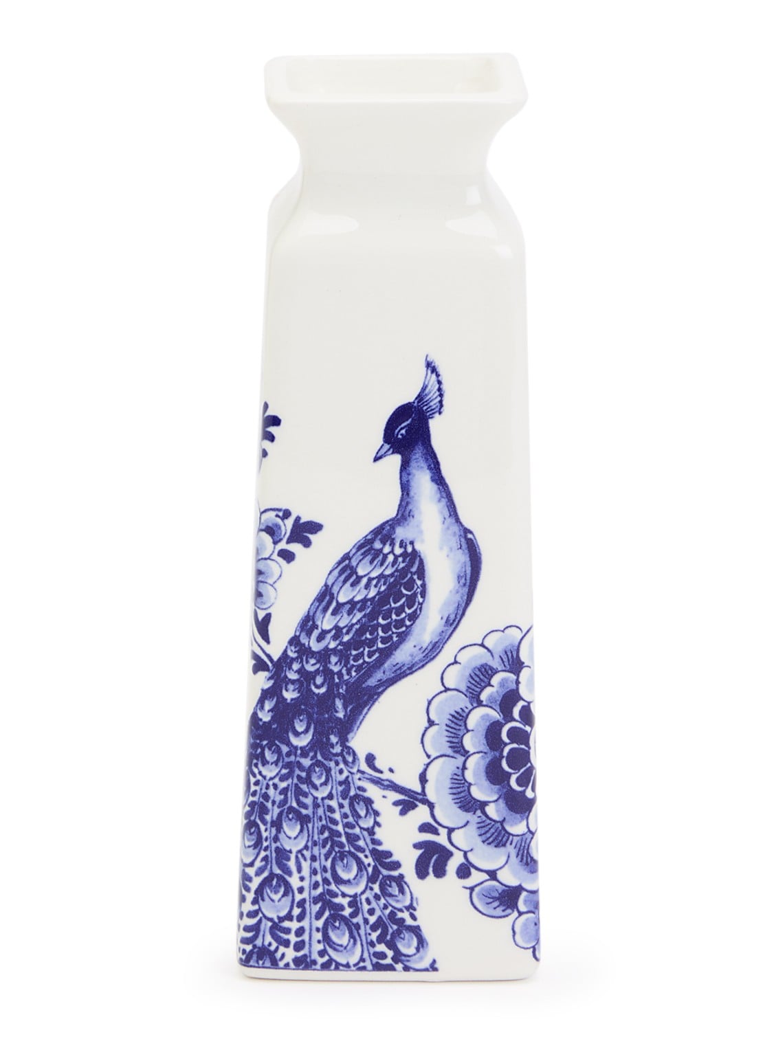 Heinen Delfts Blauw Bloem en Pauw vaas 16 cm - voorkant blauw