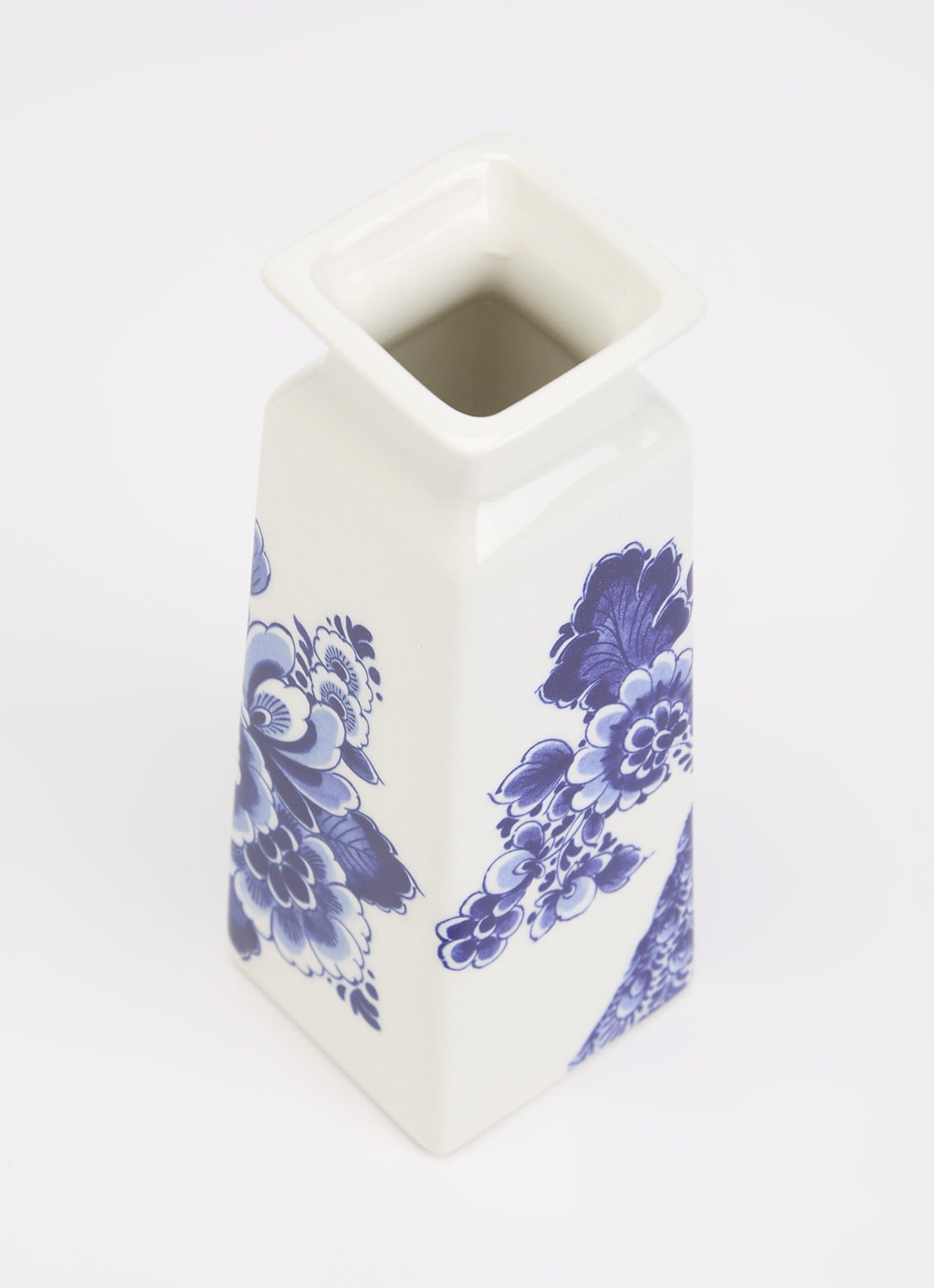 Heinen Delfts Blauw Bloem en Pauw vaas 16 cm - voorkant 2 blauw