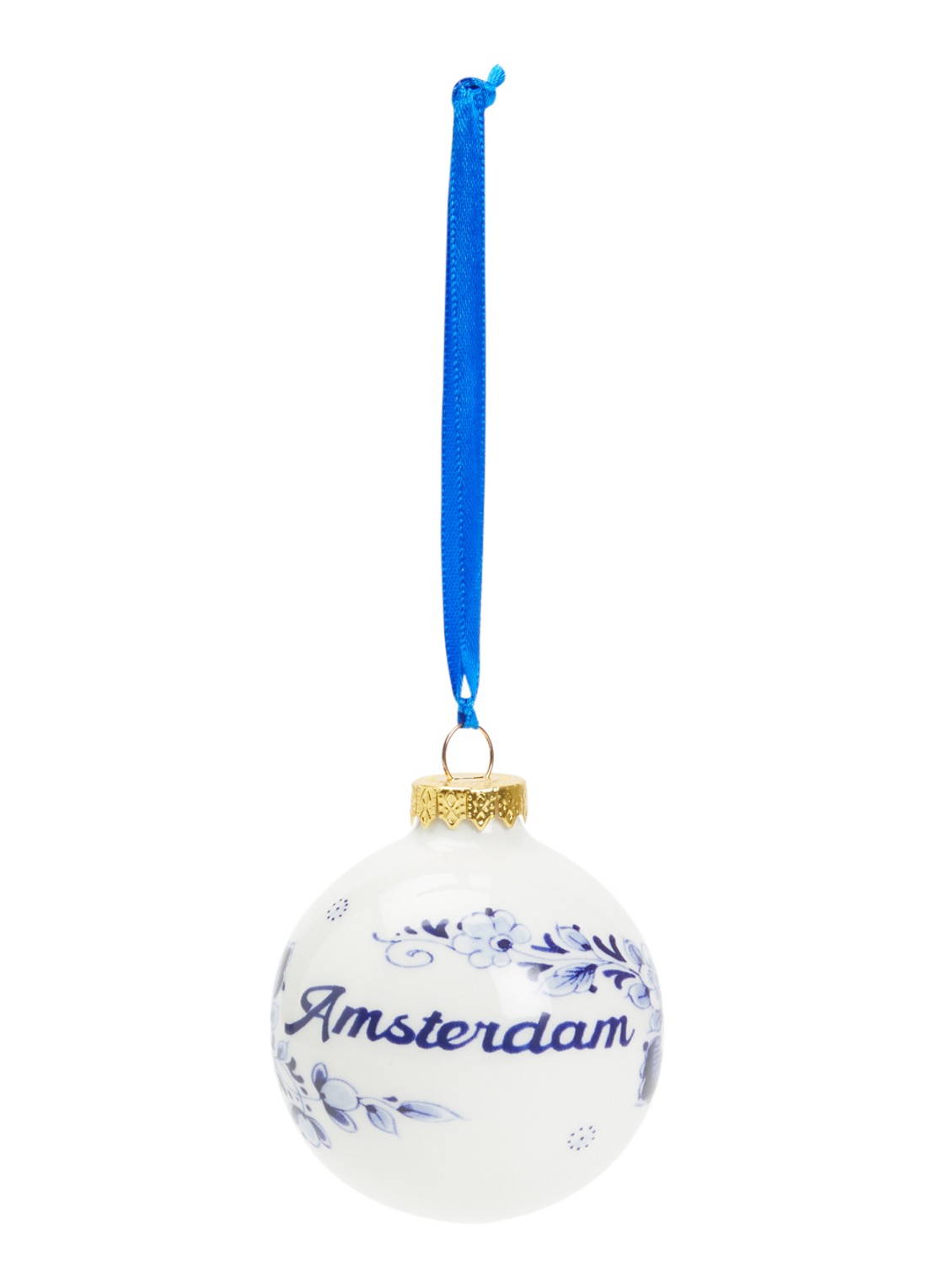 Heinen Delfts Blauw Bloemen Amsterdam kerstbal 7 cm - voorkant gebroken wit