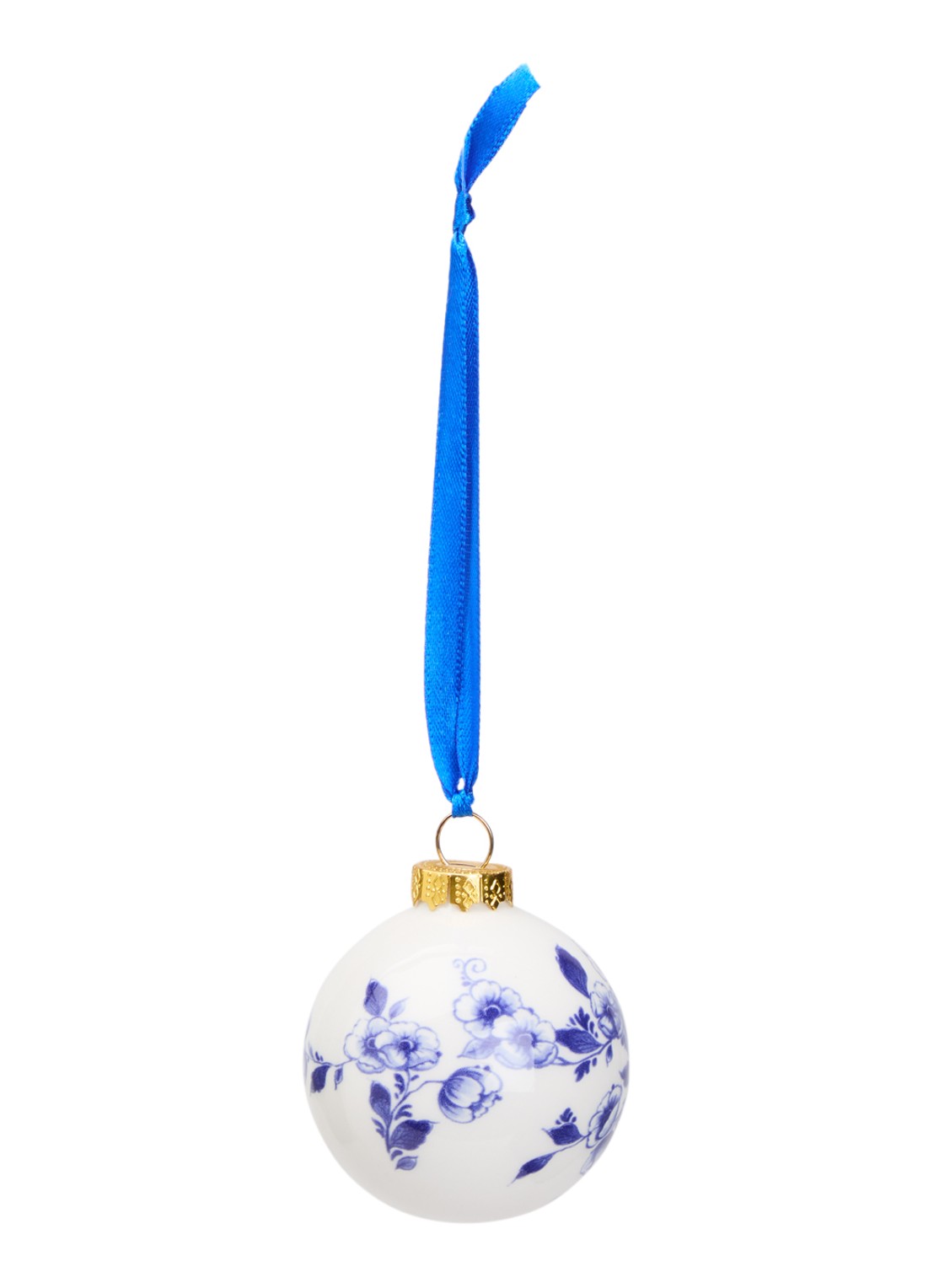 Heinen Delfts Blauw Bloemen kerstbal 5 cm - voorkant gebroken wit