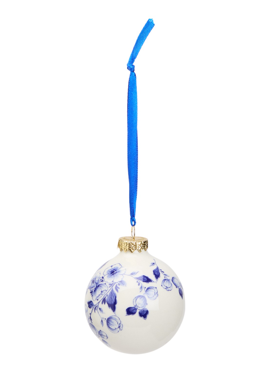 Heinen Delfts Blauw Bloemen kerstbal 7 cm - voorkant gebroken wit