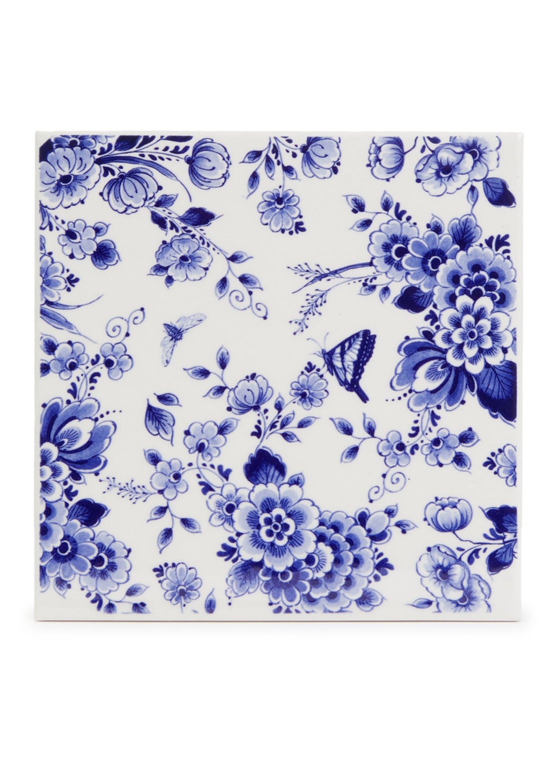 Heinen Delfts Blauw Bloementuin tegel 13 cm  - voorkant blauw