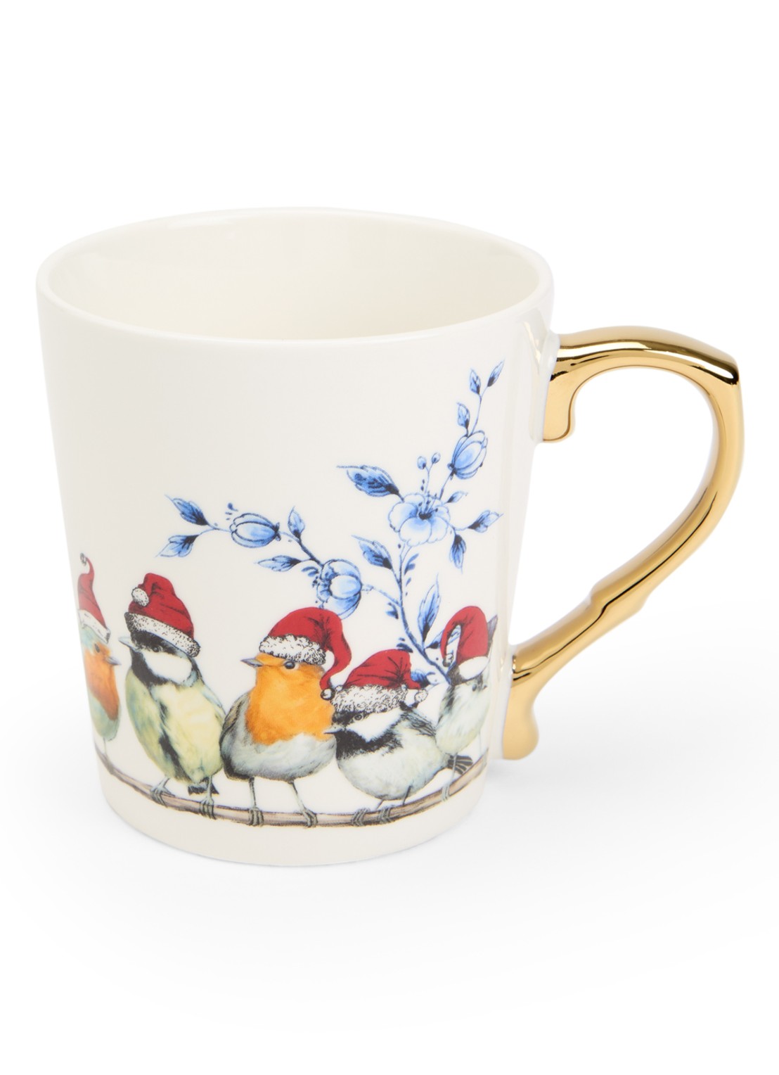 Heinen Delfts Blauw Bosvogels Kerst kopje 30 cl - voorkant gebroken wit
