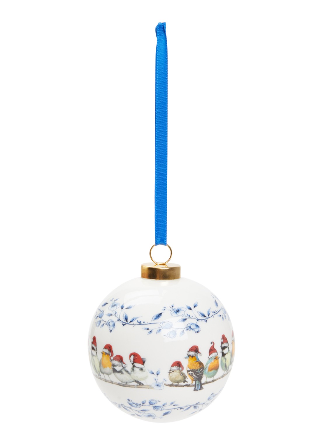 Heinen Delfts Blauw Bosvogels Kerstmuts kerstbal 8 cm - voorkant gebroken wit