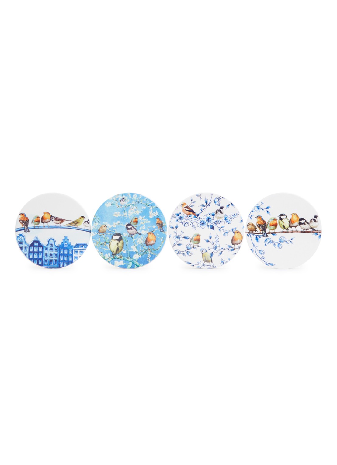 Heinen Delfts Blauw Bosvogels onderzetter van keramiek set van 4 - voorkant multicolor
