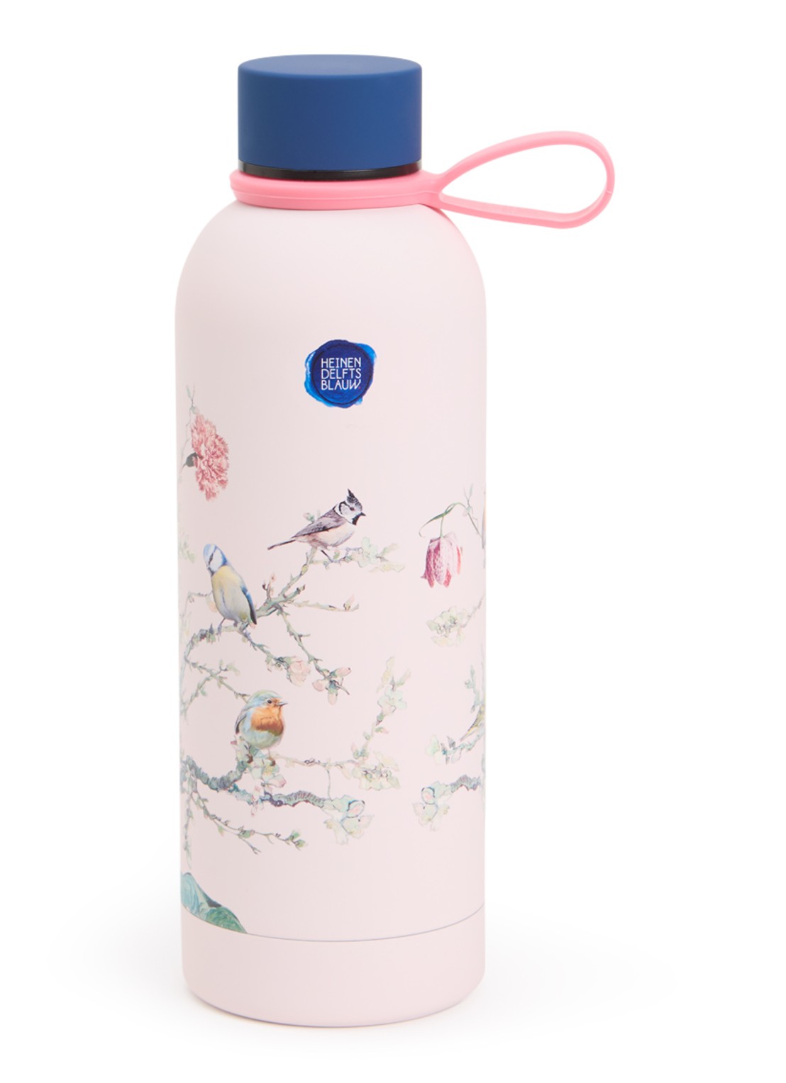 Heinen Delfts Blauw Bosvogels thermosfles 50 cl  - voorkant roze