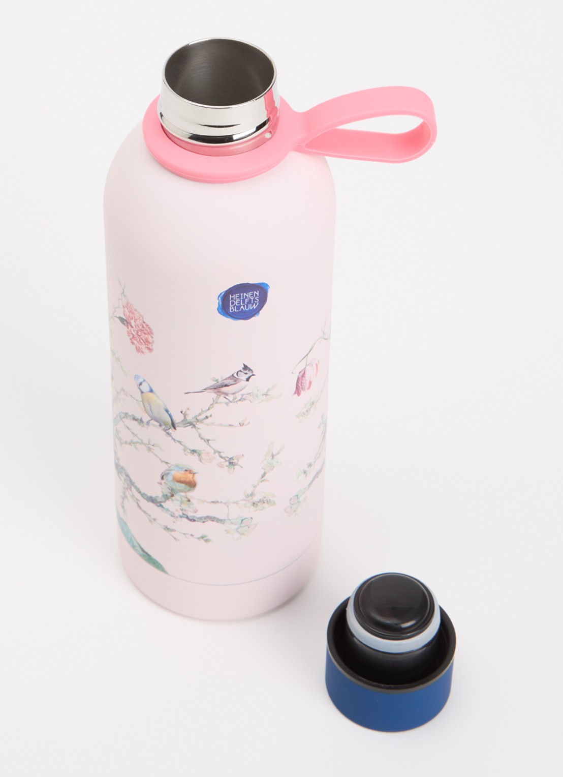 Heinen Delfts Blauw Bosvogels thermosfles 50 cl  - voorkant 2 roze