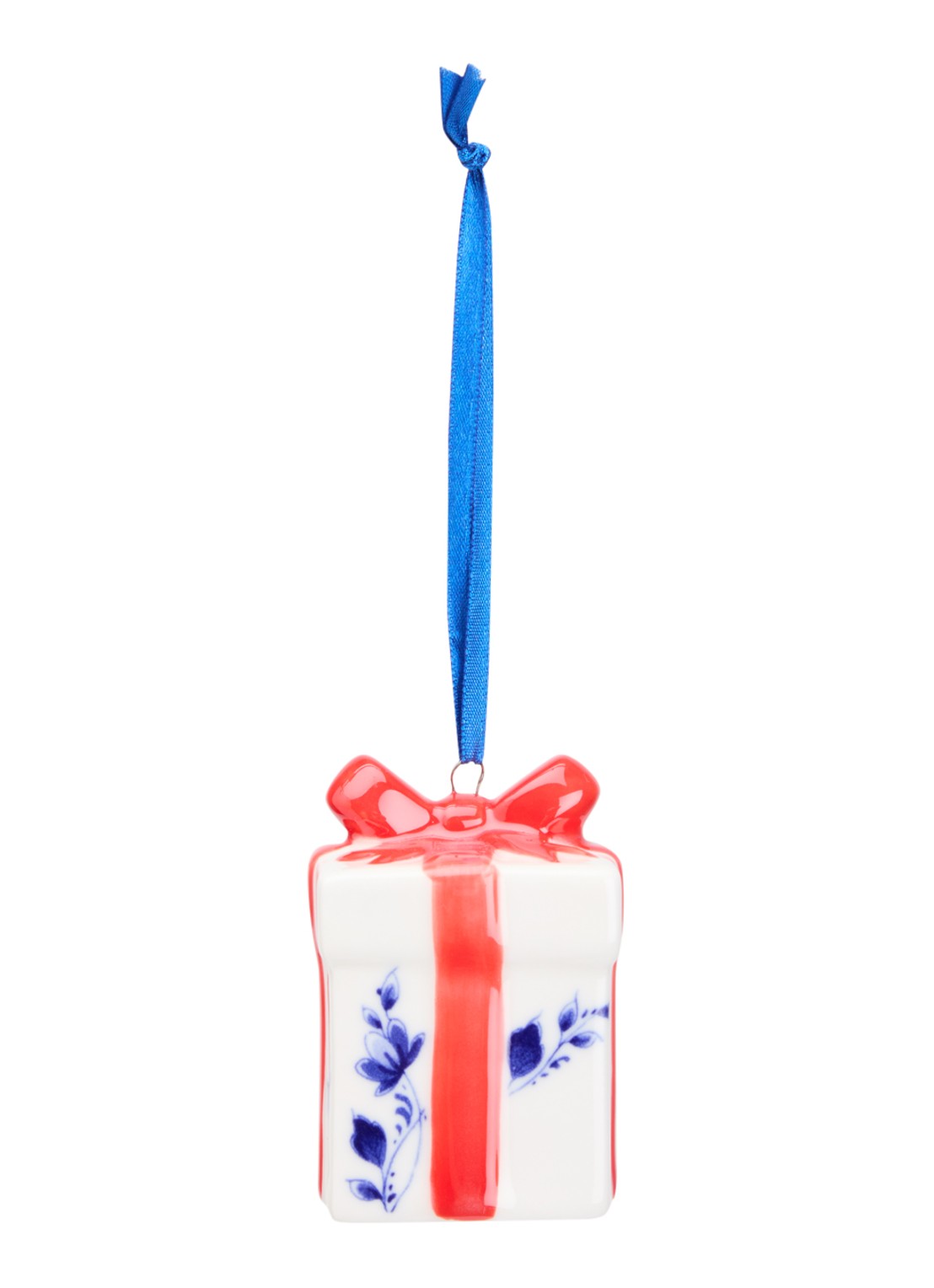 Heinen Delfts Blauw Cadeautje kersthanger 6,5 cm - voorkant 2 gebroken wit