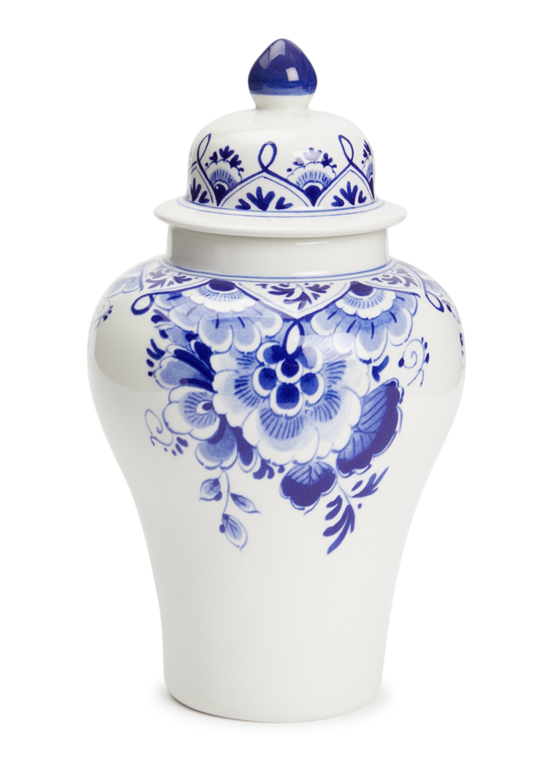 Heinen Delfts Blauw Dekselpul vaas 20 cm - voorkant blauw
