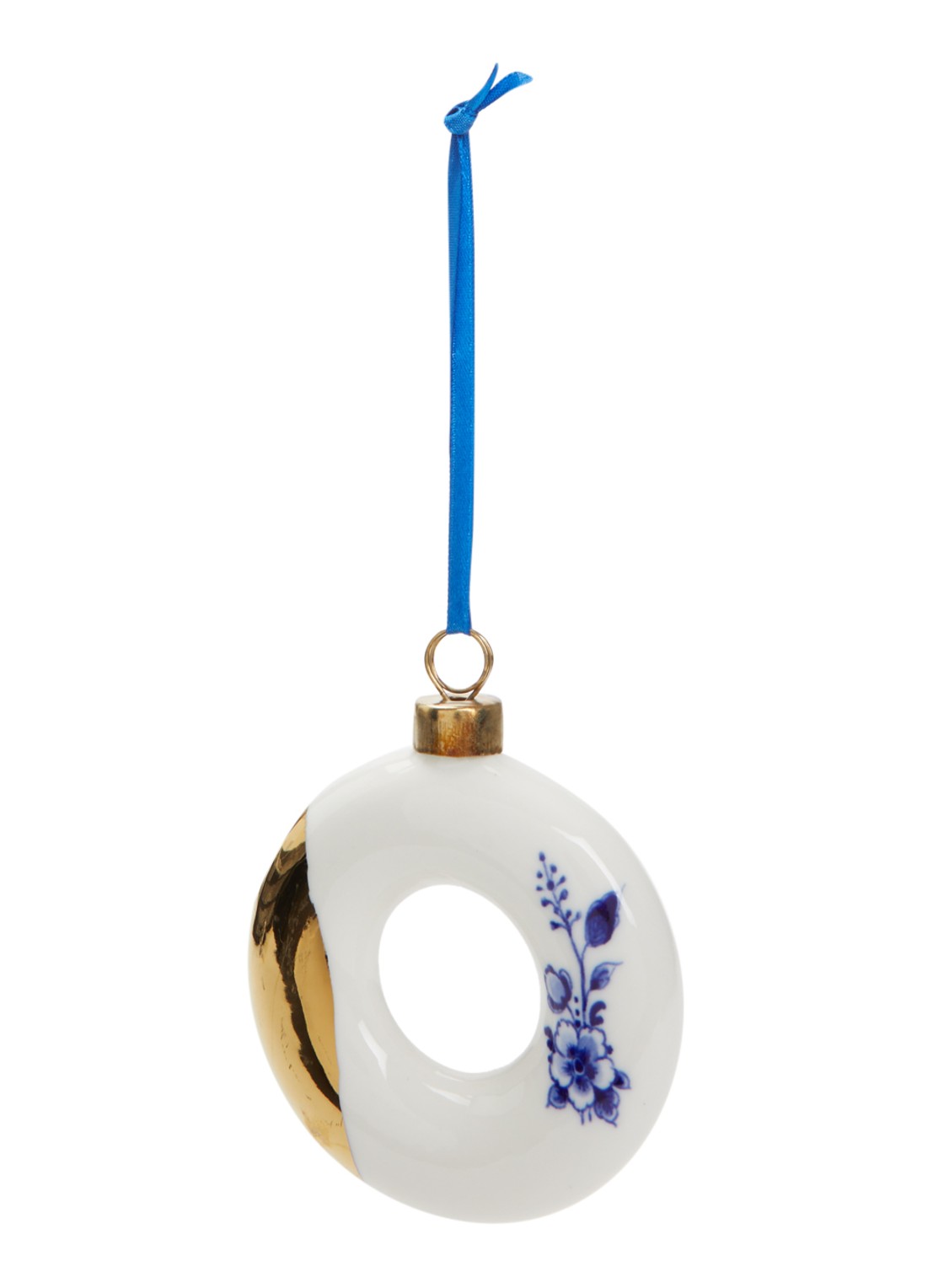 Heinen Delfts Blauw Donut kersthanger 8 cm - voorkant gebroken wit