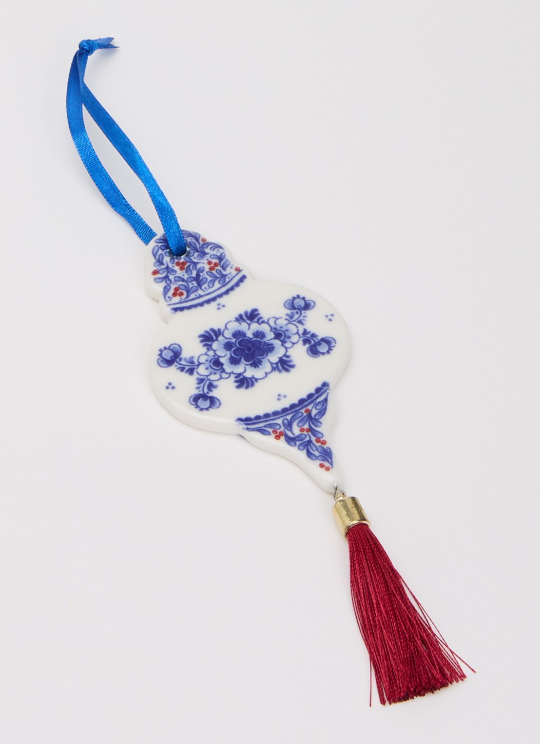 Heinen Delfts Blauw Druppel kersthanger plat 9 cm - detail gebroken wit