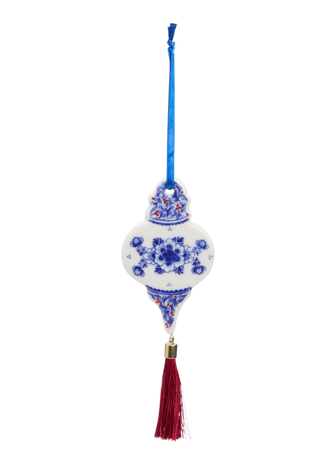 Heinen Delfts Blauw Druppel kersthanger plat 9 cm - voorkant 2 gebroken wit