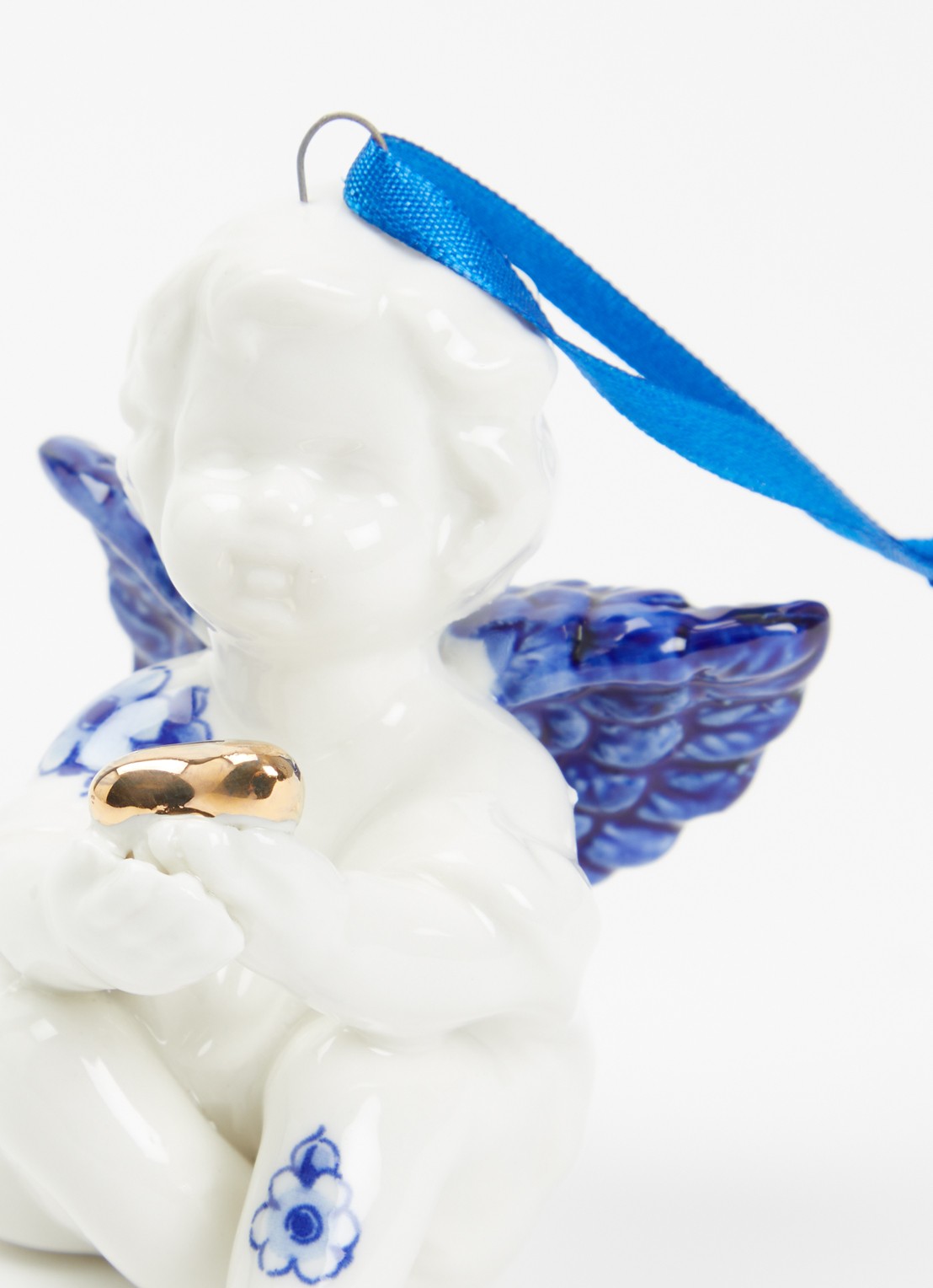 Heinen Delfts Blauw Engel kersthanger 8,5 cm - detail gebroken wit