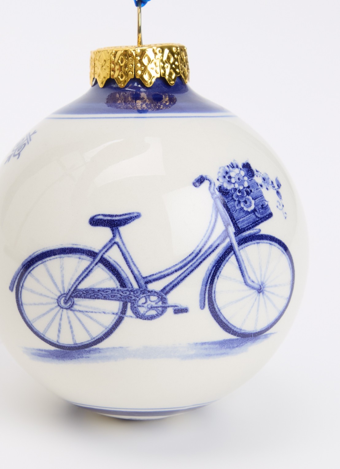 Heinen Delfts Blauw Fiets kerstbal 7 cm - detail blauw