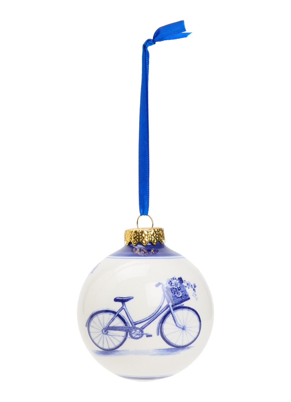 Heinen Delfts Blauw Fiets kerstbal 7 cm - voorkant 2 blauw