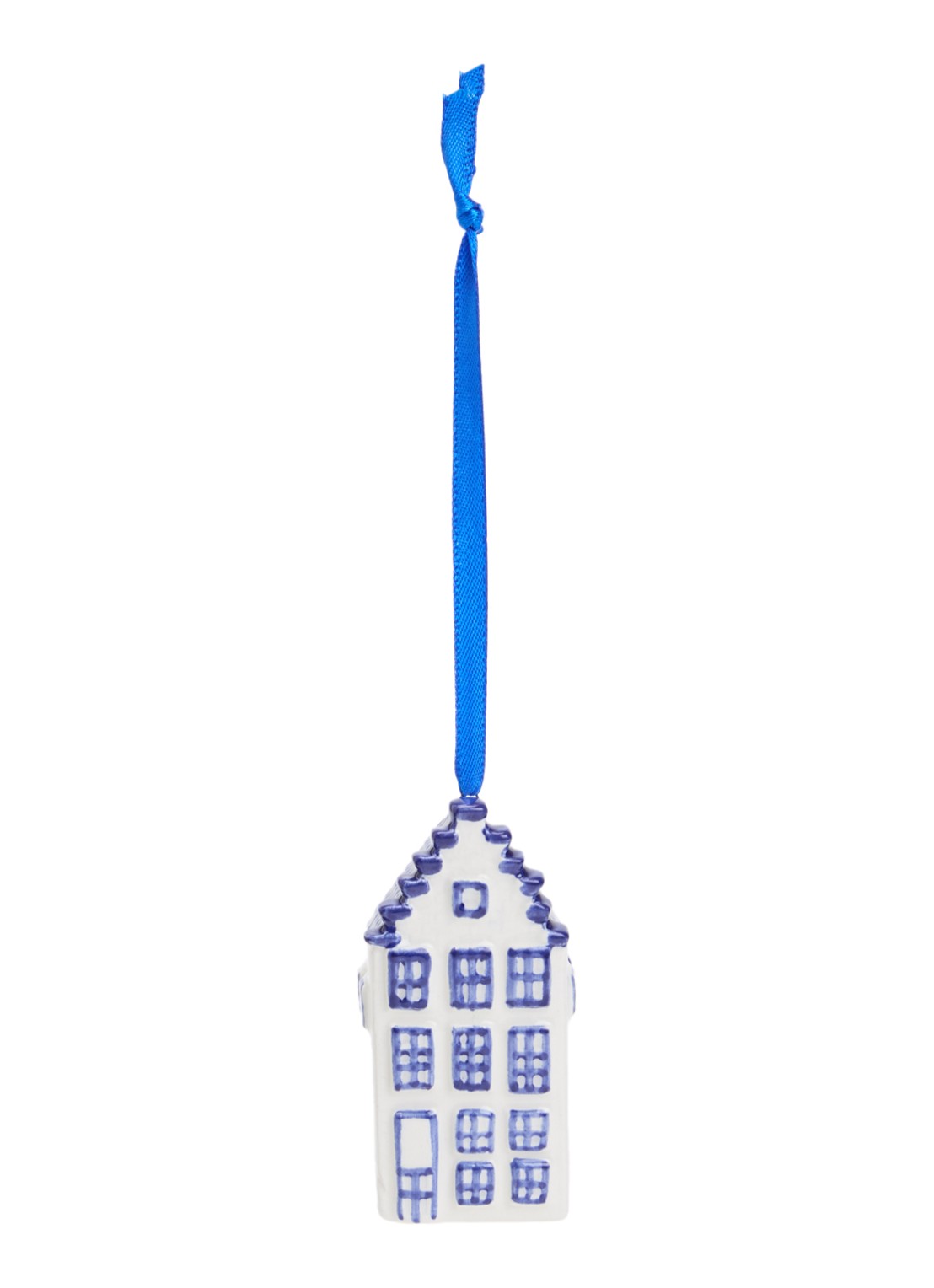 Heinen Delfts Blauw Grachtenhuisje kersthanger 7,5 cm - voorkant blauw