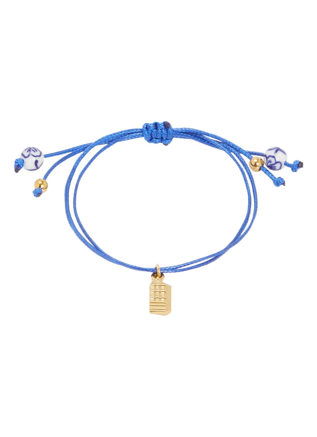 Heinen Delfts Blauw Grachtenpand armband met hanger - voorkant blauw