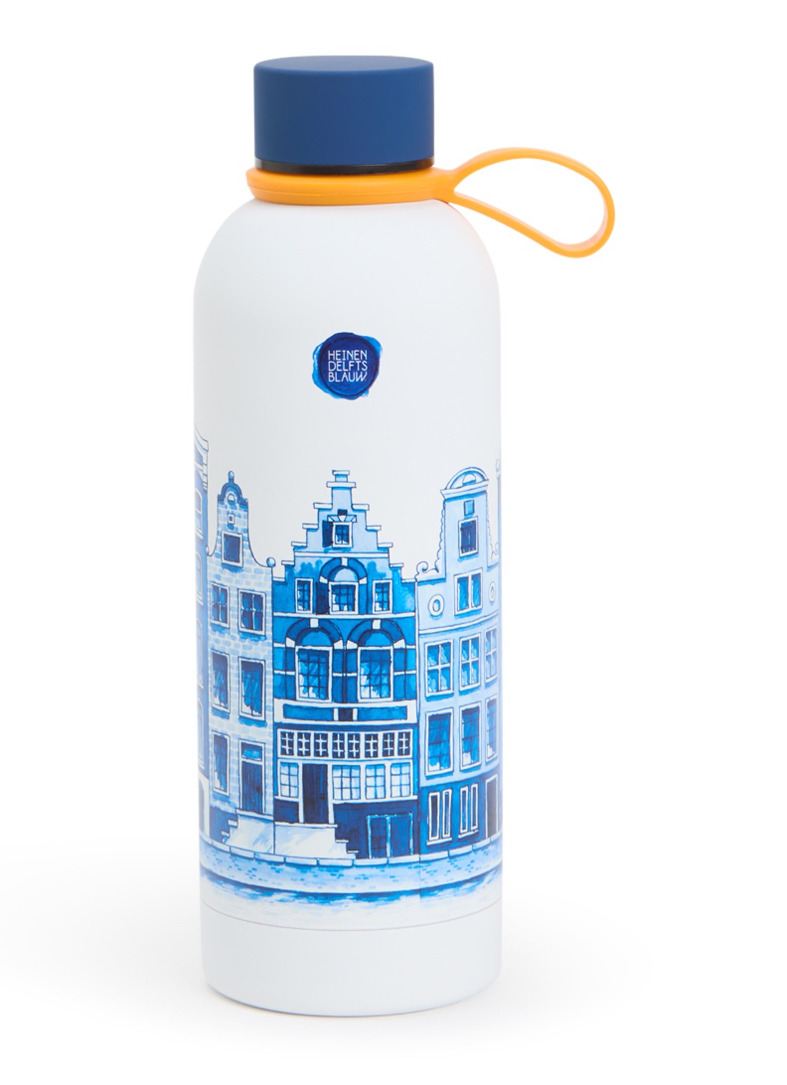 Heinen Delfts Blauw Grachtenpanden thermosfles 50 cl  - voorkant blauw