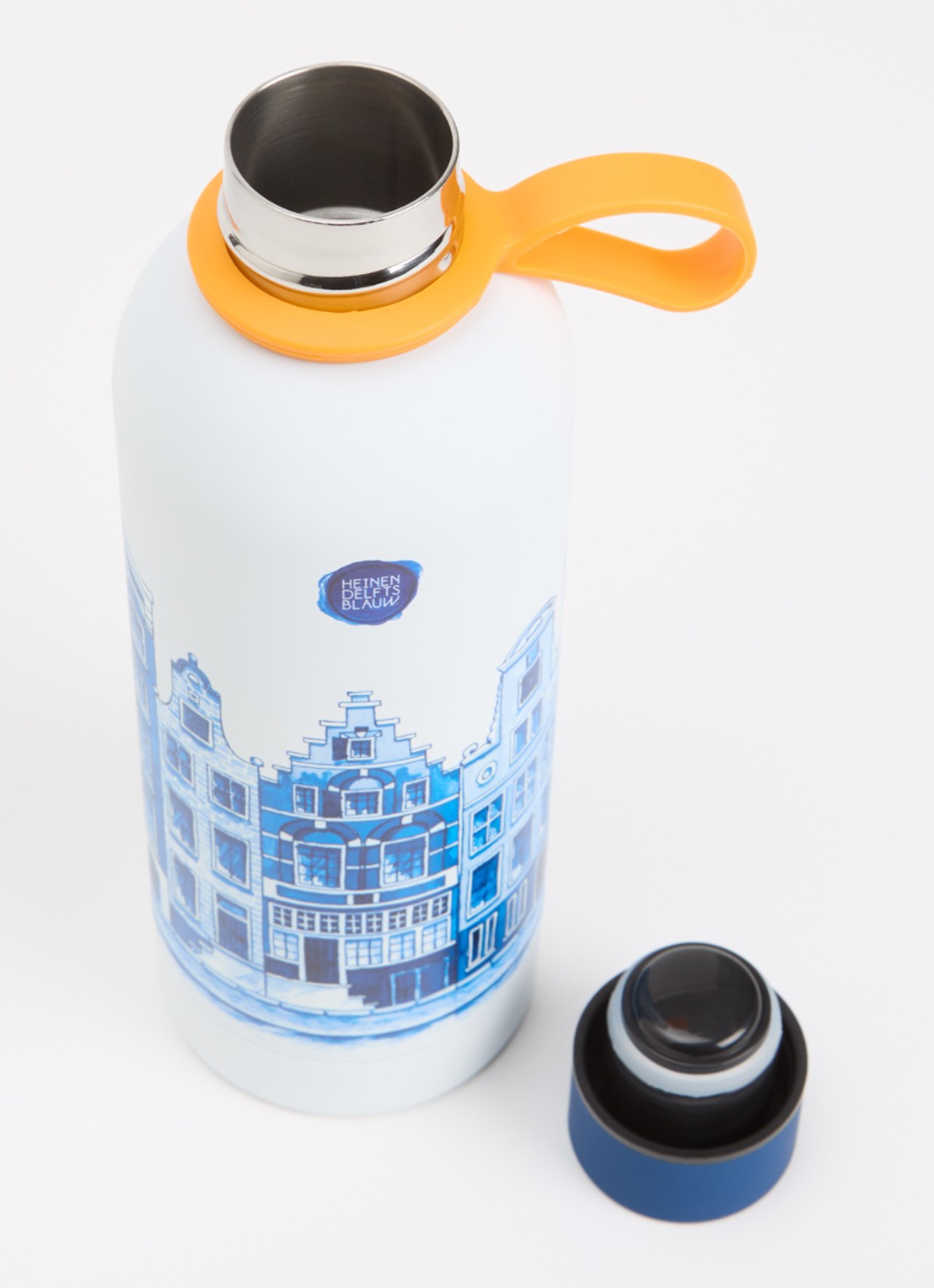 Heinen Delfts Blauw Grachtenpanden thermosfles 50 cl  - voorkant 2 blauw
