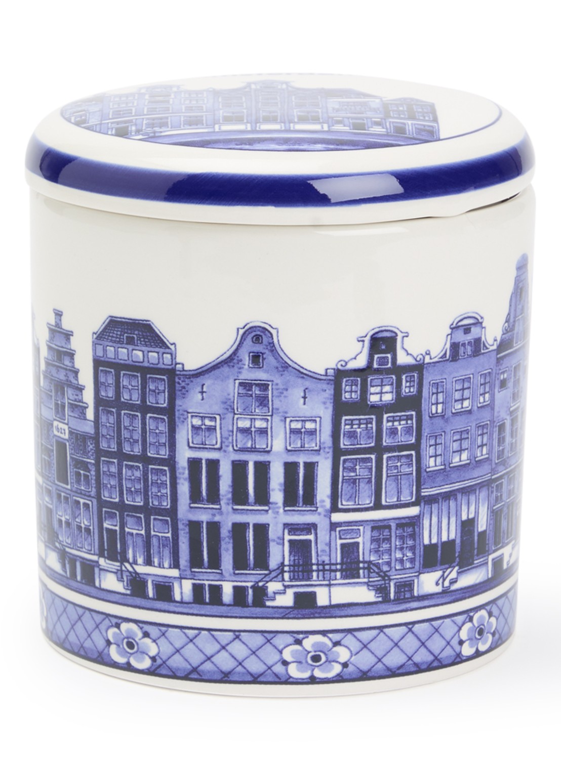 Heinen Delfts Blauw Grachtenpanden voorraadpot - voorkant blauw