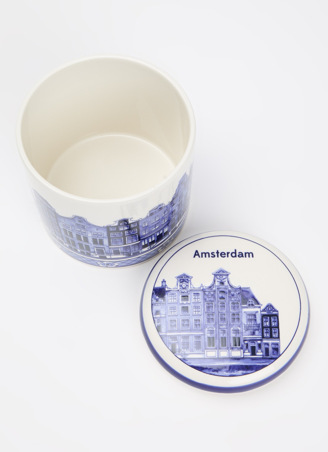 Heinen Delfts Blauw Grachtenpanden voorraadpot - voorkant 2 blauw