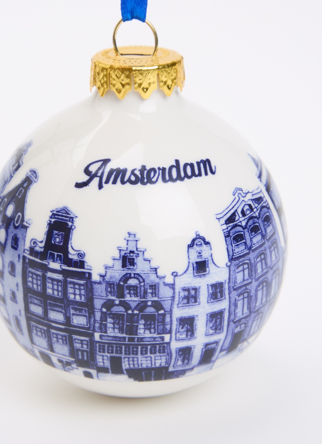 Heinen Delfts Blauw Grachtenpandjes kerstbal 7 cm - detail 3 blauw