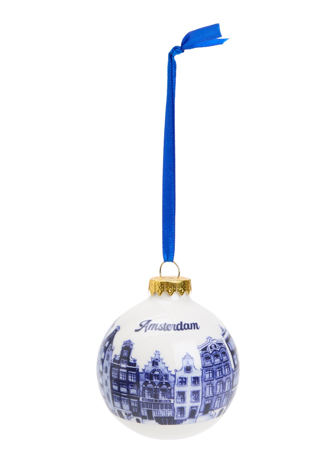 Heinen Delfts Blauw Grachtenpandjes kerstbal 7 cm - voorkant blauw