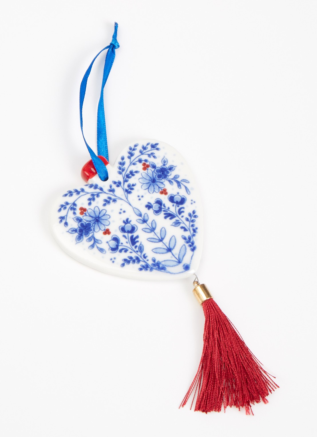 Heinen Delfts Blauw Hart kersthanger plat 8 cm - detail gebroken wit
