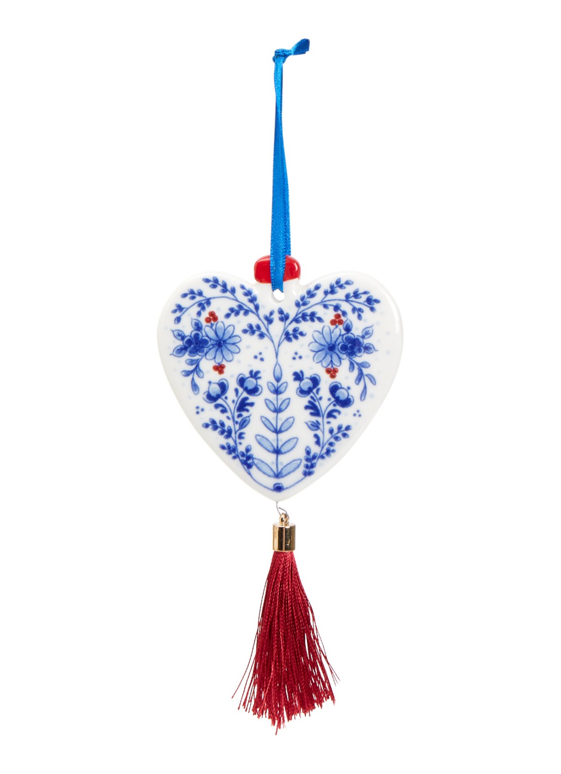 Heinen Delfts Blauw Hart kersthanger plat 8 cm - voorkant 2 gebroken wit