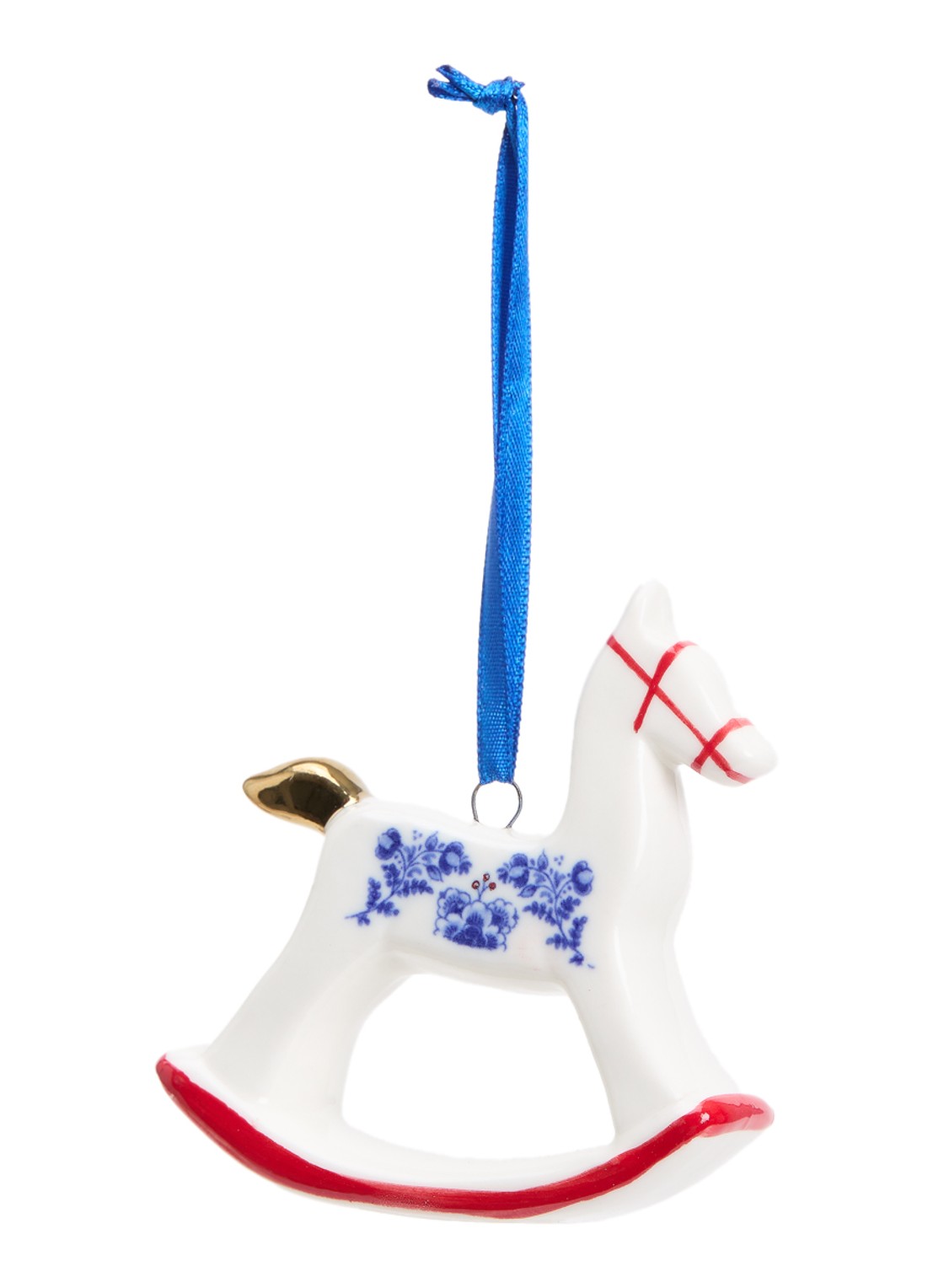Heinen Delfts Blauw Hobbelpaard kersthanger 6 cm - voorkant gebroken wit