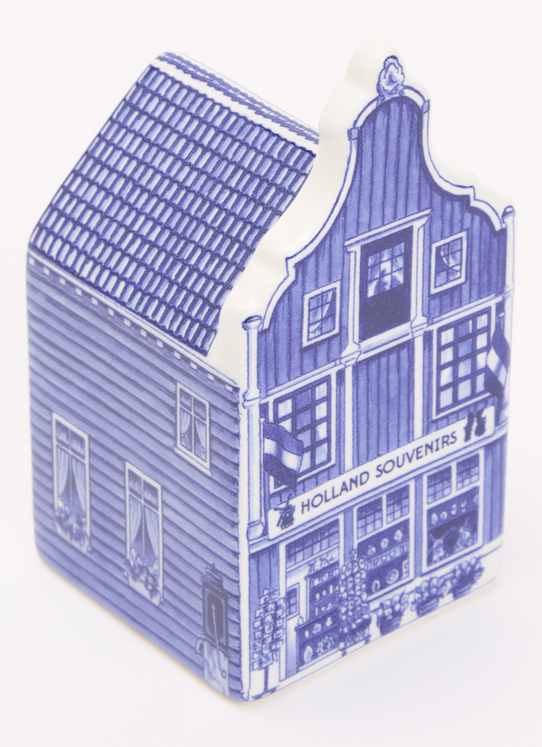 Heinen Delfts Blauw Holland Souvenirs Grachtenpand ornament 12,5 cm - voorkant 2 blauw