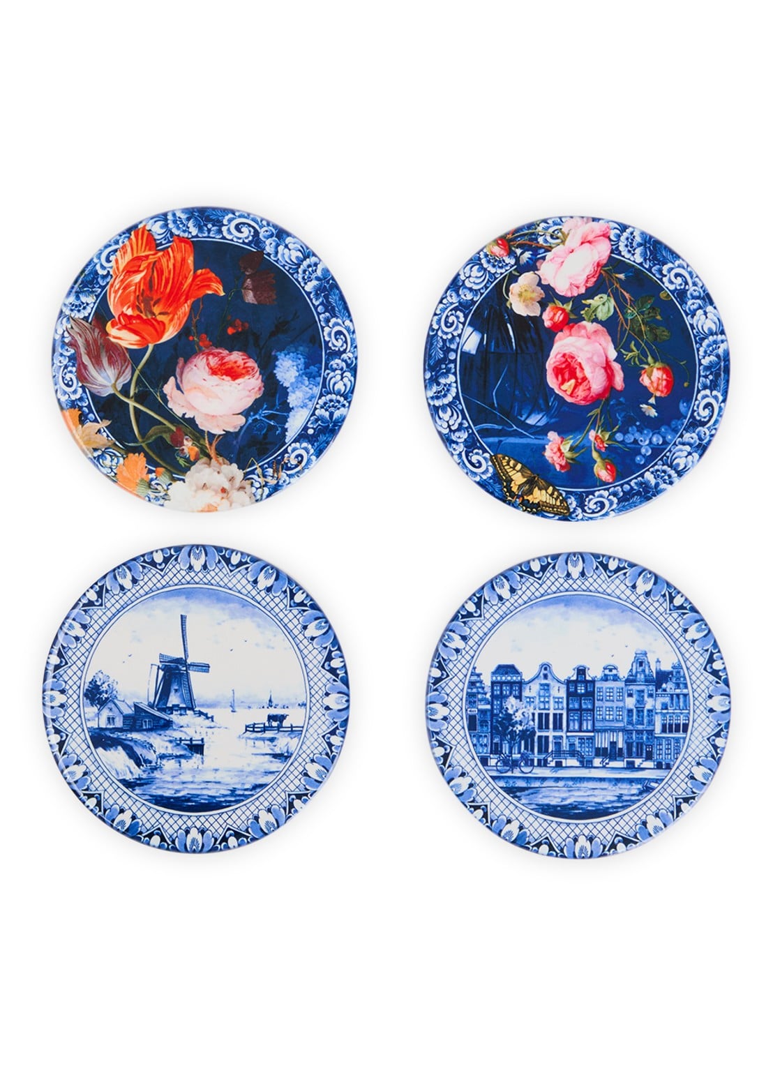 Heinen Delfts Blauw Hollandse schilderij onderzetter set van 4 - voorkant blauw