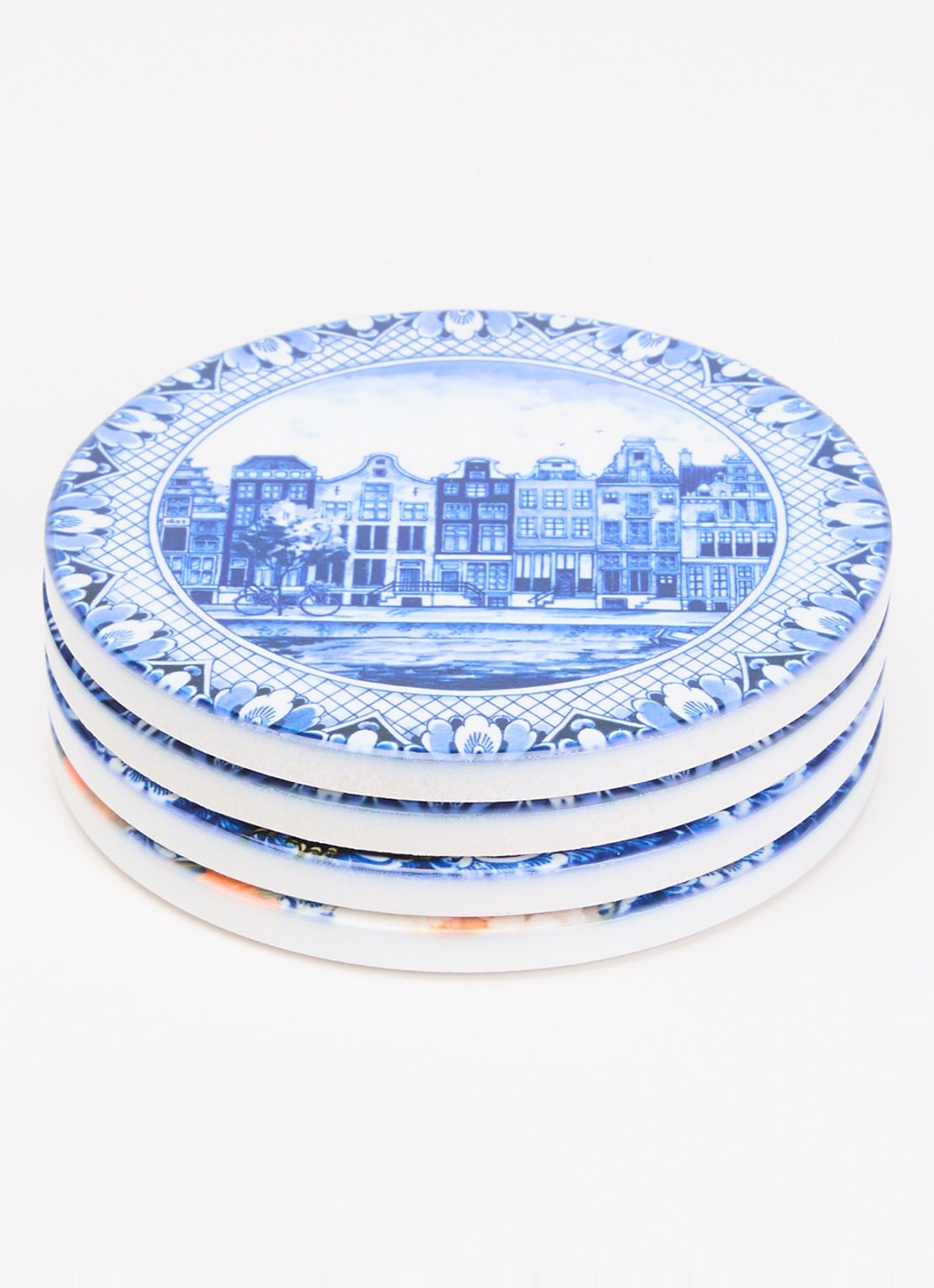 Heinen Delfts Blauw Hollandse schilderij onderzetter set van 4 - voorkant 2 blauw