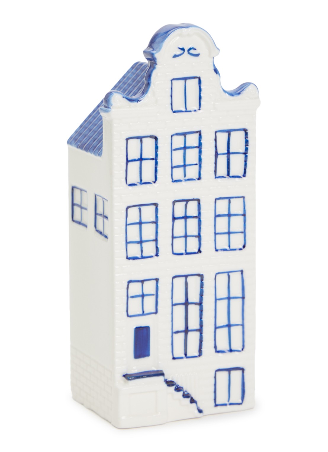Heinen Delfts Blauw Huis Grachtenpand nr.4 ornament 16 cm - voorkant blauw