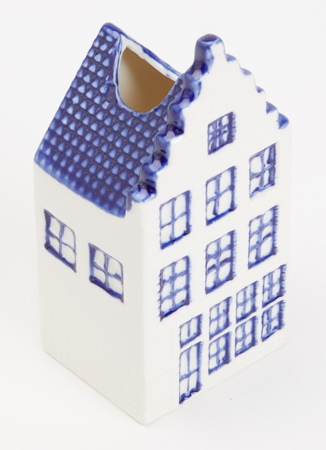 Heinen Delfts Blauw Huisje 1 Trapgevel vaas 13 cm - voorkant 2 blauw