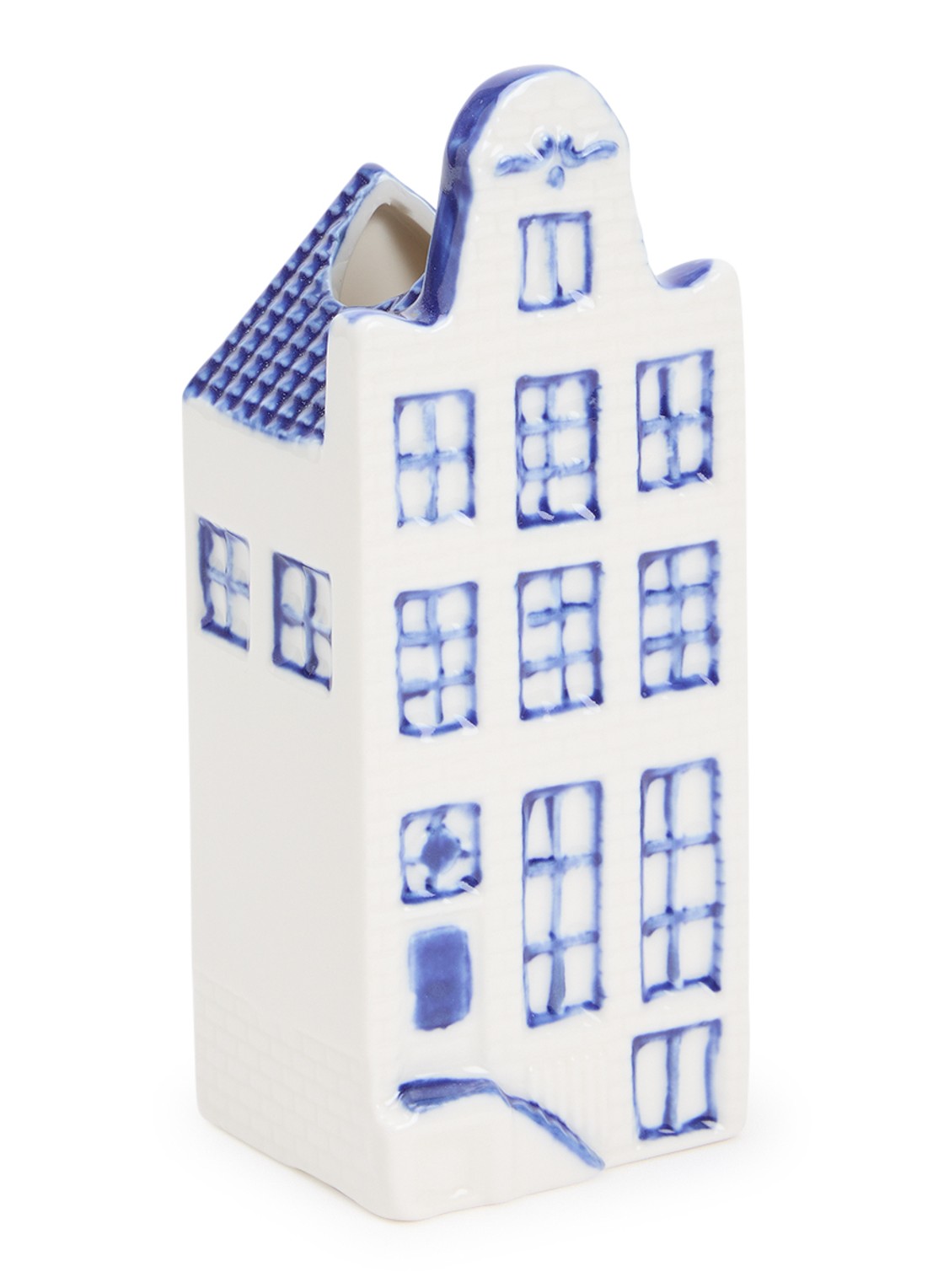 Heinen Delfts Blauw Huisje 2 Klokgevel vaas 15 cm - voorkant blauw