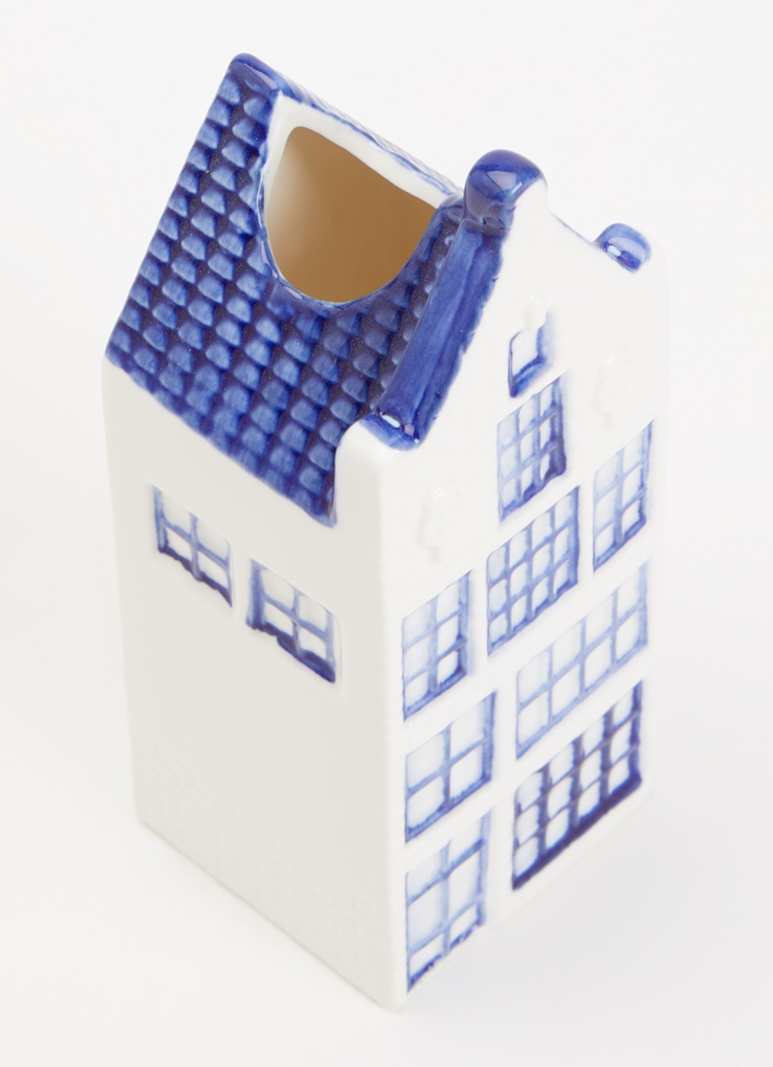 Heinen Delfts Blauw Huisje 4 Tuitgevel vaas 14 cm - voorkant 2 blauw