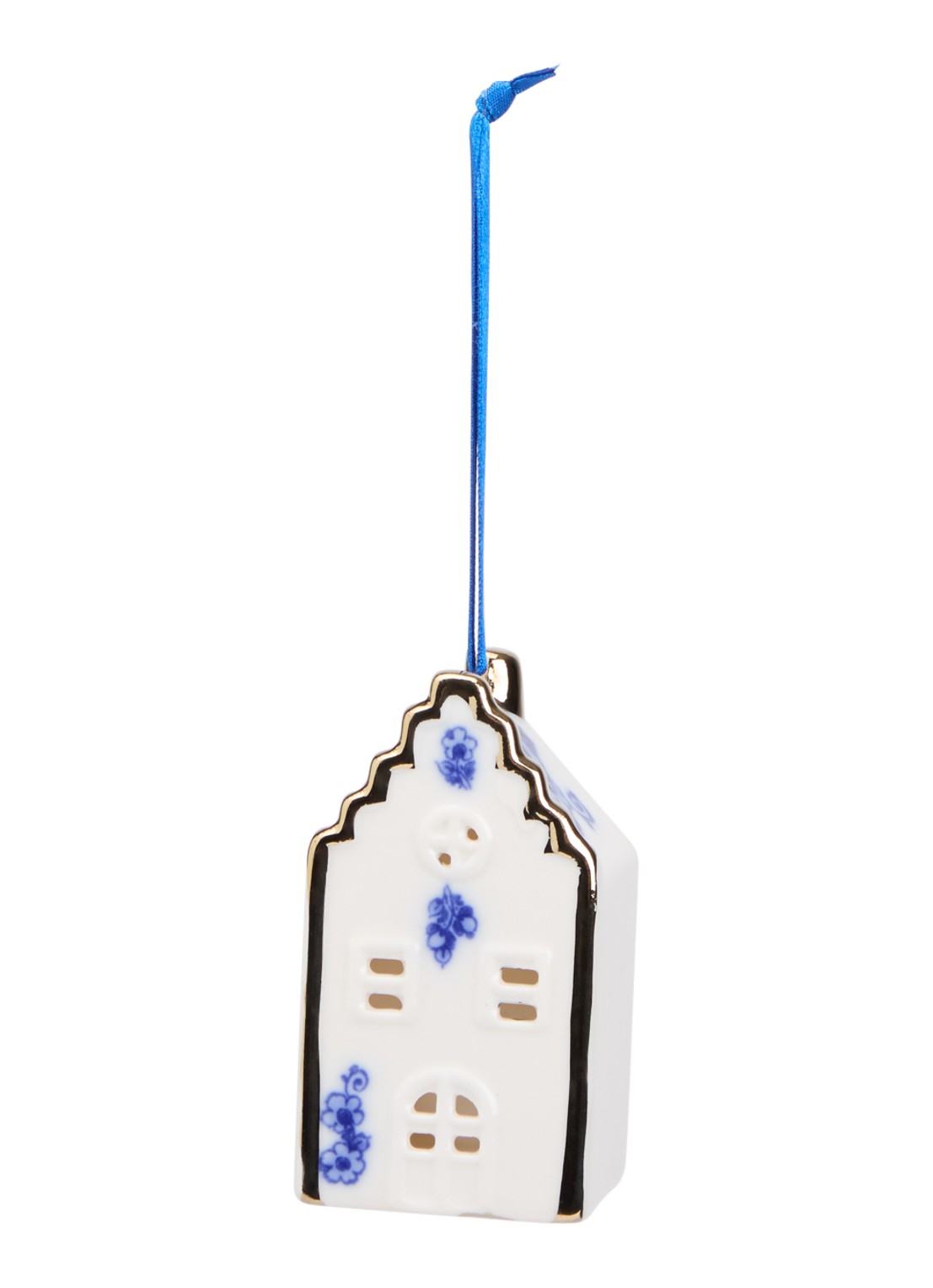 Heinen Delfts Blauw Huisje kersthanger 8 cm - voorkant multicolor