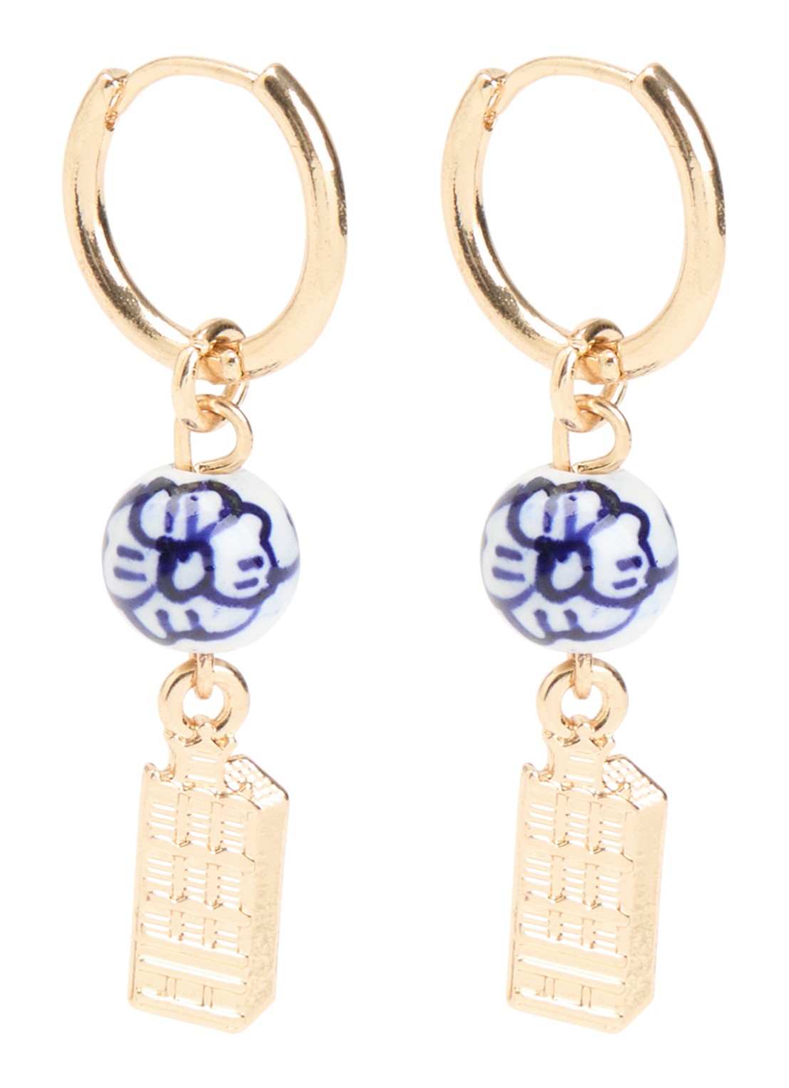 Heinen Delfts Blauw Huisje oorringen met hanger - voorkant 2 goud