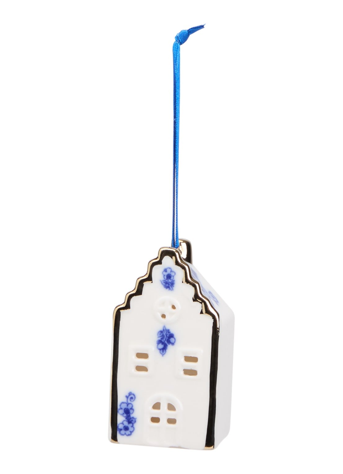 Heinen Delfts Blauw Huisje Trapgevel kersthanger 8 cm - voorkant gebroken wit
