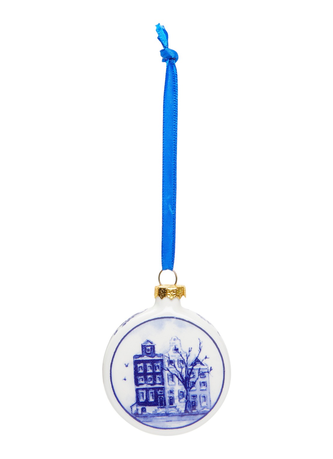 Heinen Delfts Blauw Huisjes kerstbal plat 6 cm - voorkant gebroken wit
