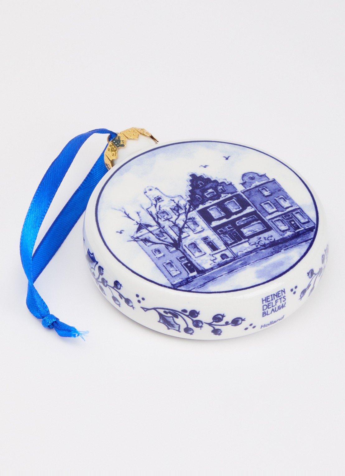 Heinen Delfts Blauw Huisjes kerstbal plat 8 cm - detail gebroken wit