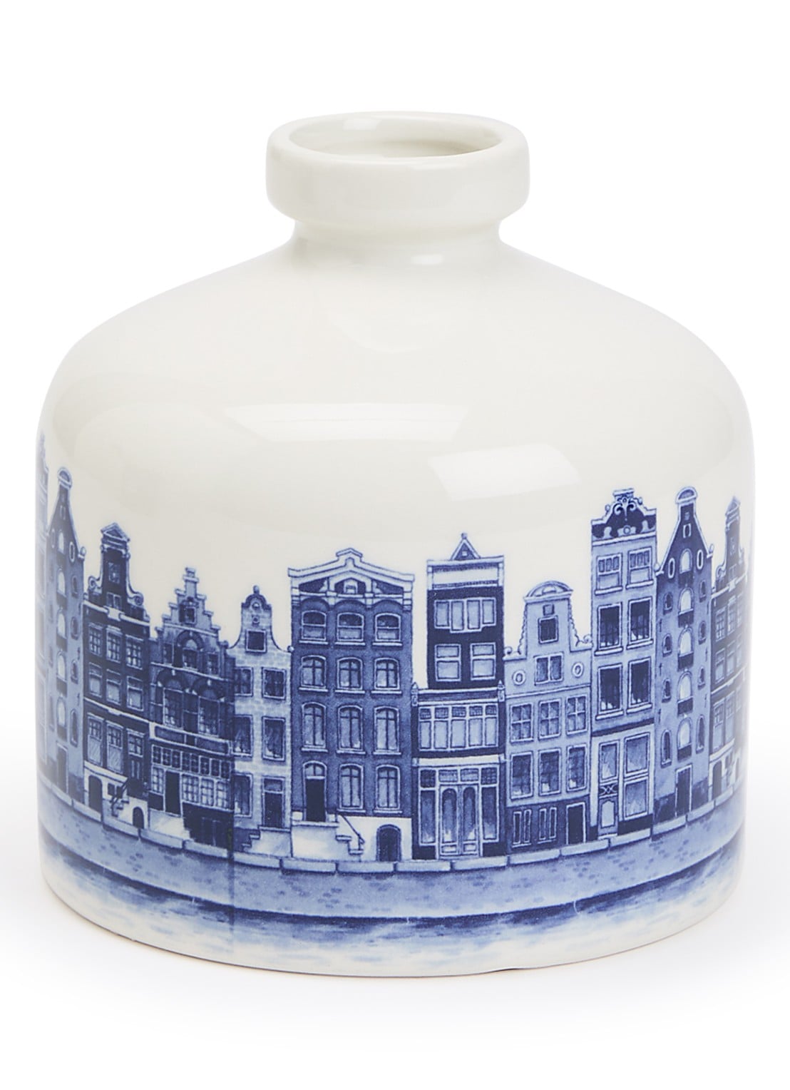 Heinen Delfts Blauw Huisjes vaas 12,5 cm - voorkant blauw