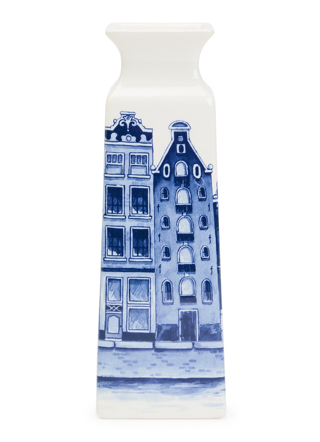 Heinen Delfts Blauw Huisjes vierkante vaas 22 cm - voorkant blauw