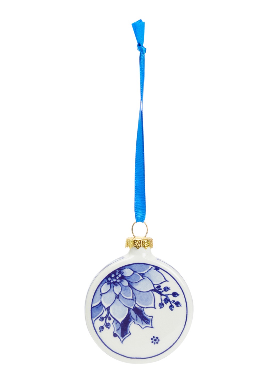 Heinen Delfts Blauw Hulst kerstbal plat 6 cm - voorkant gebroken wit
