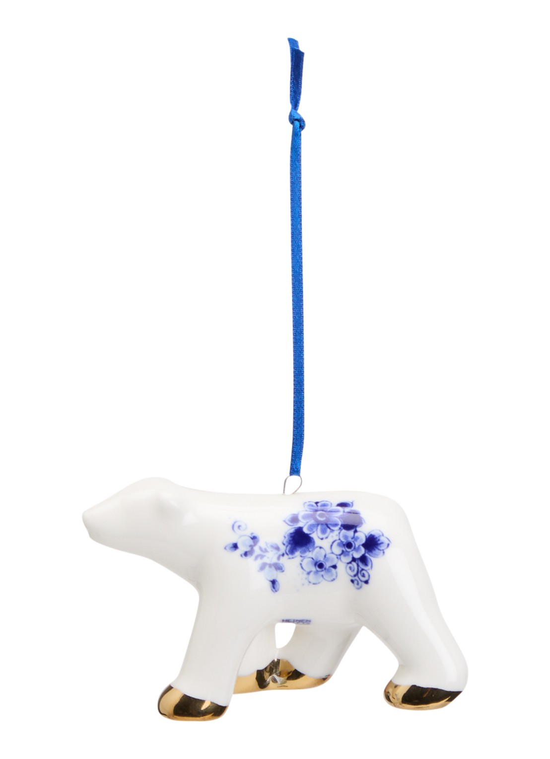 Heinen Delfts Blauw Ijsbeer kersthanger 6 cm - voorkant gebroken wit