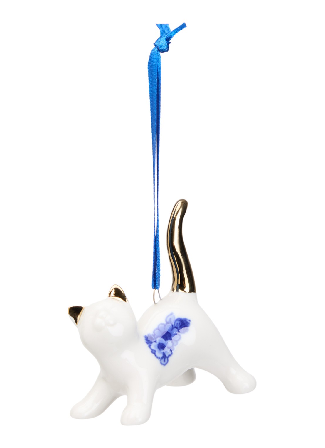 Heinen Delfts Blauw Kat kersthanger 7 cm - voorkant multicolor